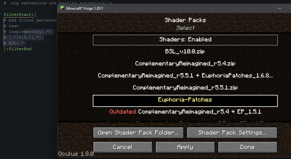 Iris/Oculus Shader Folder, Моды, Minecraft