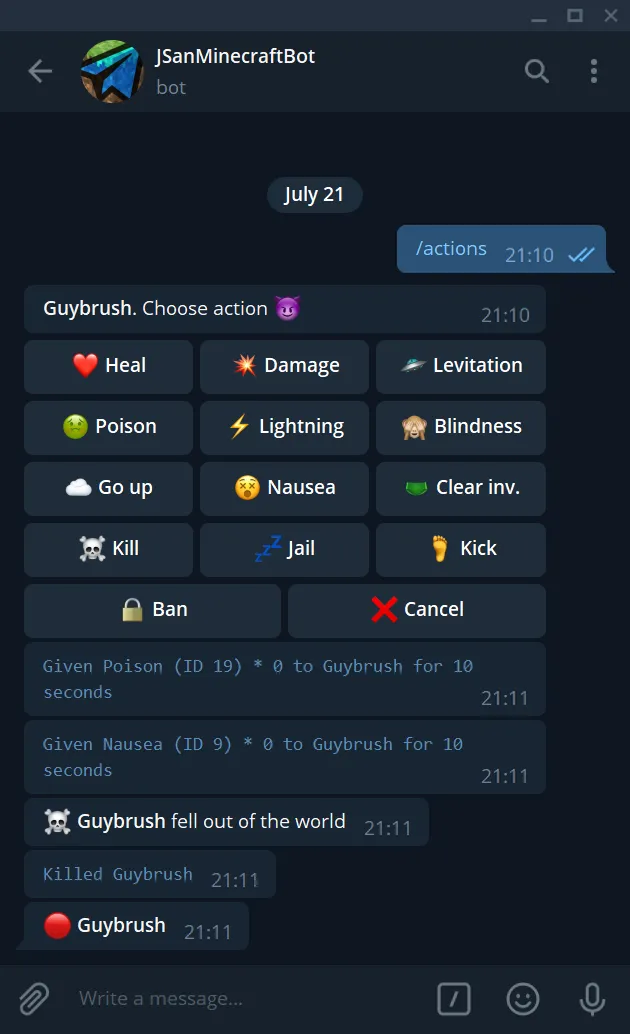 Telegram Control, Моды, Minecraft