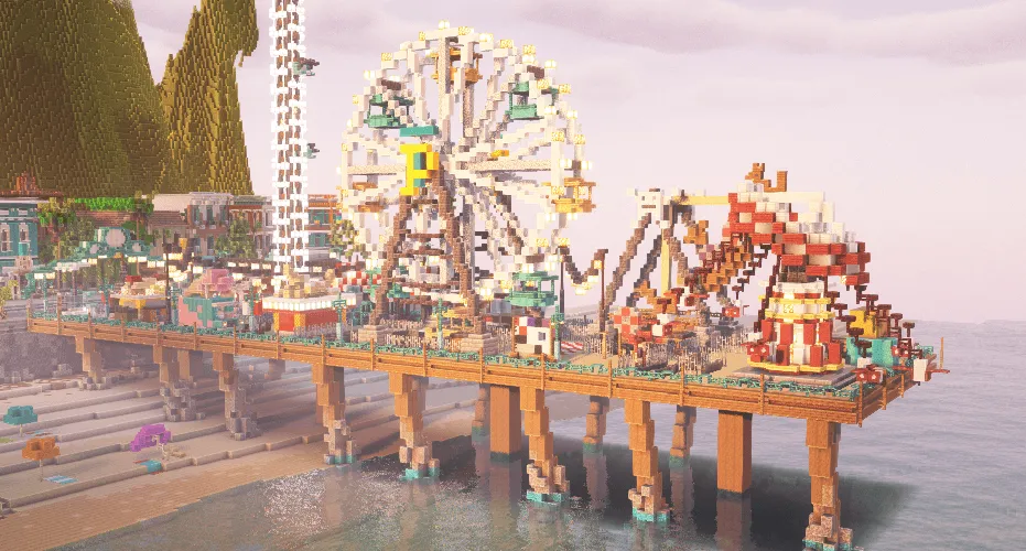 Seaside Plaza | A detailed modern boardwalk city | PaleoTech, Карты, Minecraft