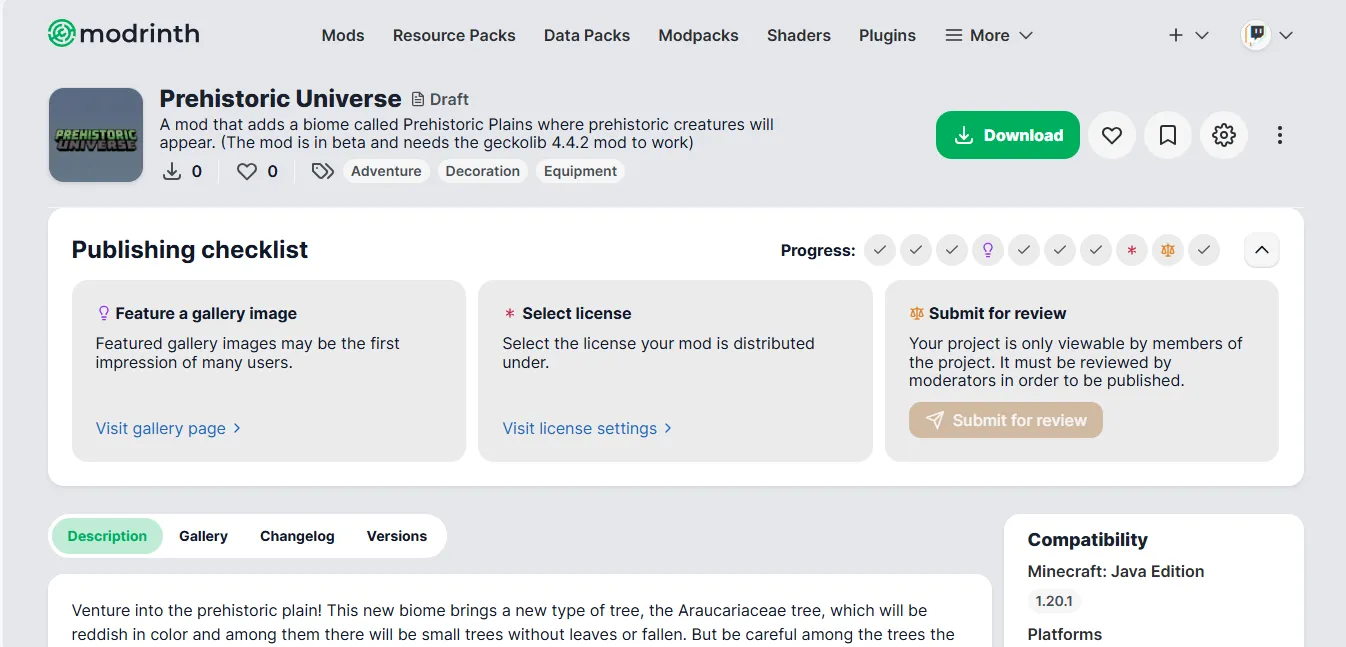 Prehistoric Universe, Моды, Minecraft