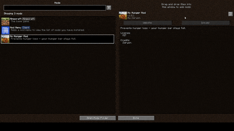 NoHunger, Моды, Minecraft