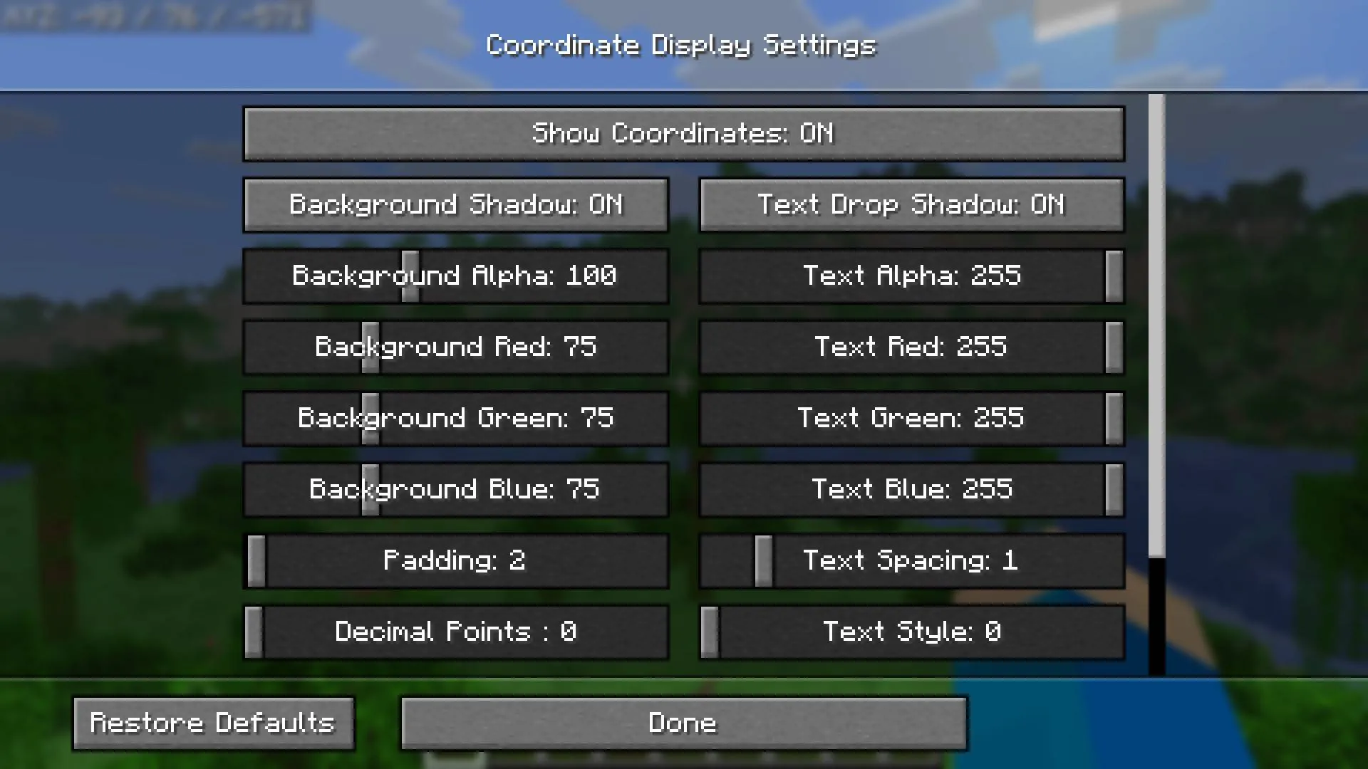 Coordinate Display Customizable, Моды, Minecraft
