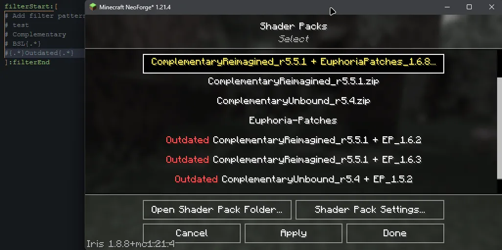 Iris/Oculus Shader Folder, Моды, Minecraft
