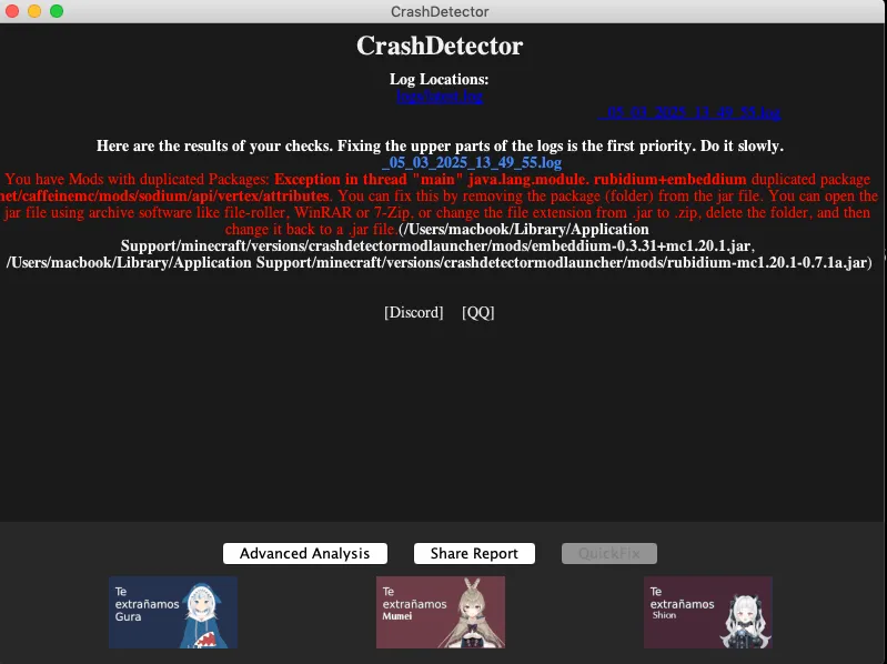 CrashDetector, Моды, Minecraft