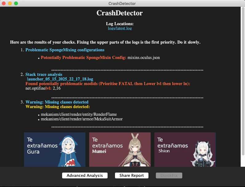 CrashDetector, Моды, Minecraft