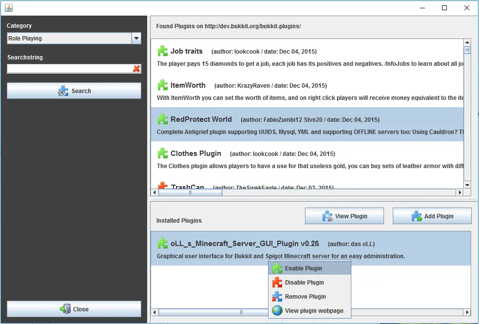 oLL's Server GUI, Плагины, Minecraft