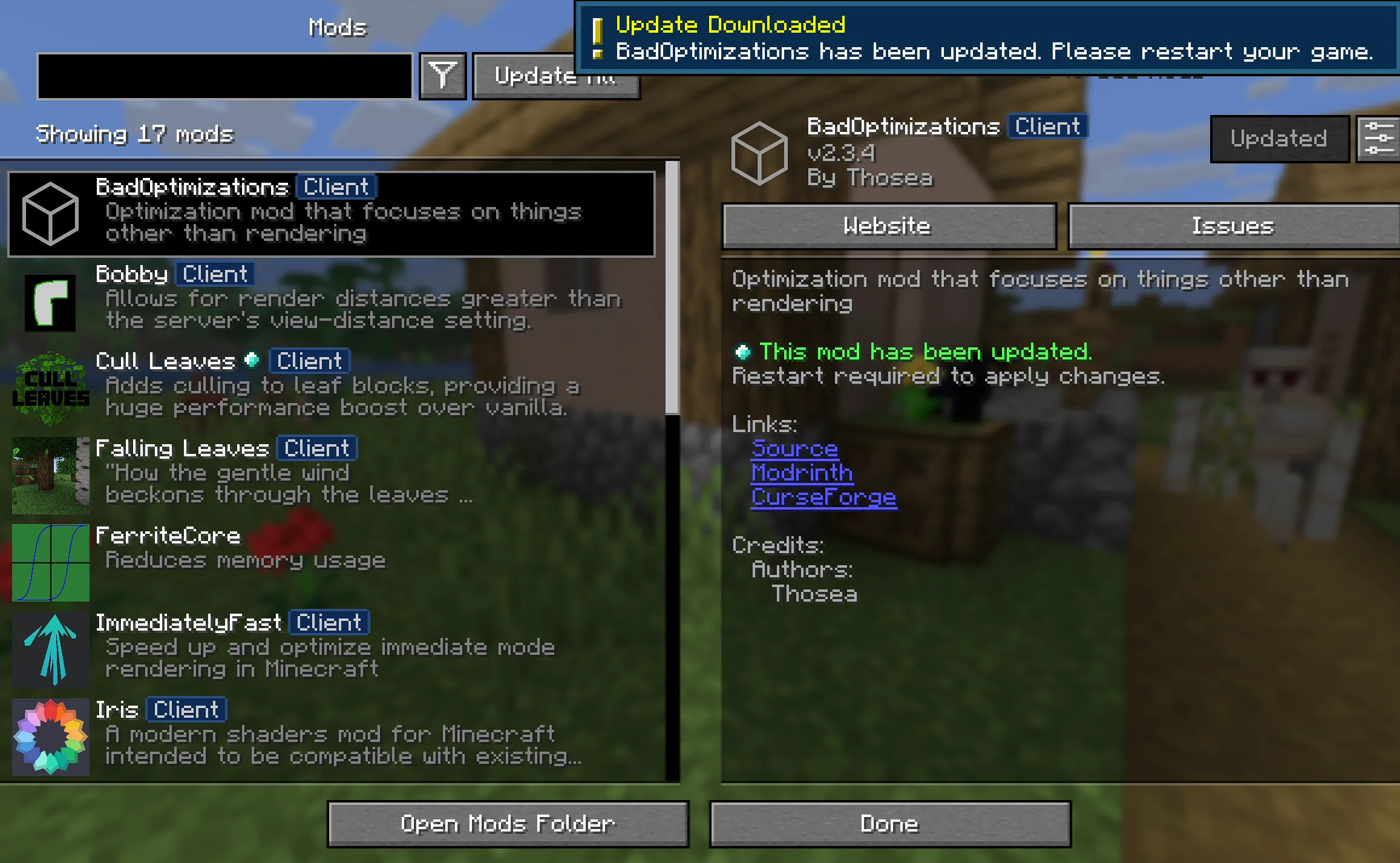 Mod Menu Updater, Моды, Minecraft