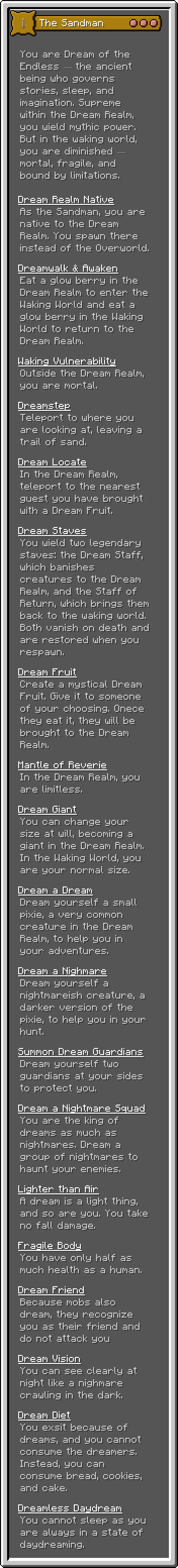 Sandman origin, Дата-паки, Minecraft