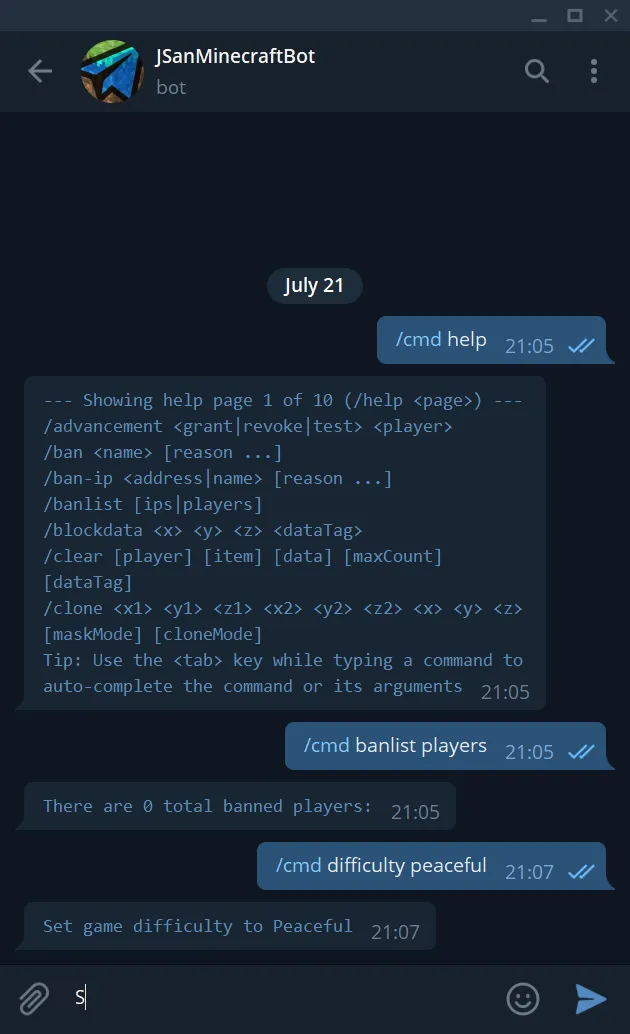 Telegram Control, Моды, Minecraft