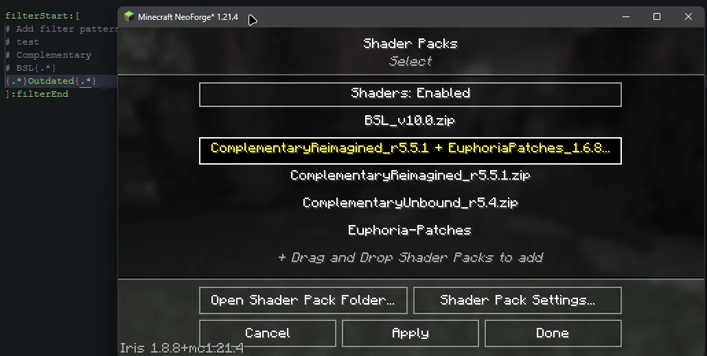 Iris/Oculus Shader Folder, Моды, Minecraft