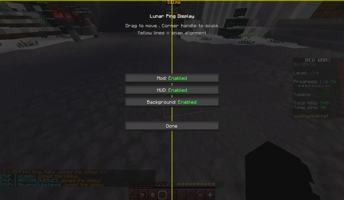 Lunar Ping display — скриншот 1 (Моды, Minecraft)