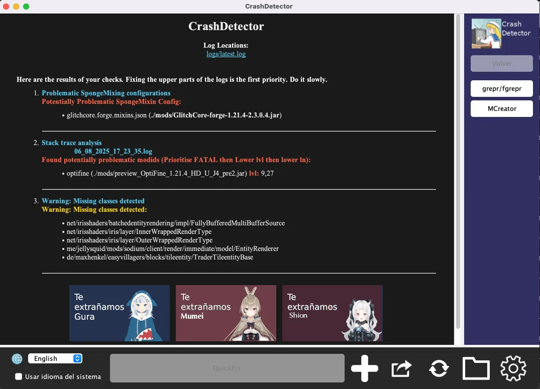 CrashDetector, Моды, Minecraft