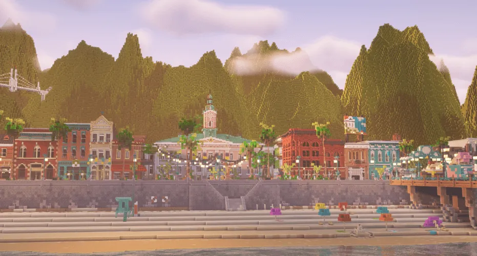 Seaside Plaza | A detailed modern boardwalk city | PaleoTech, Карты, Minecraft