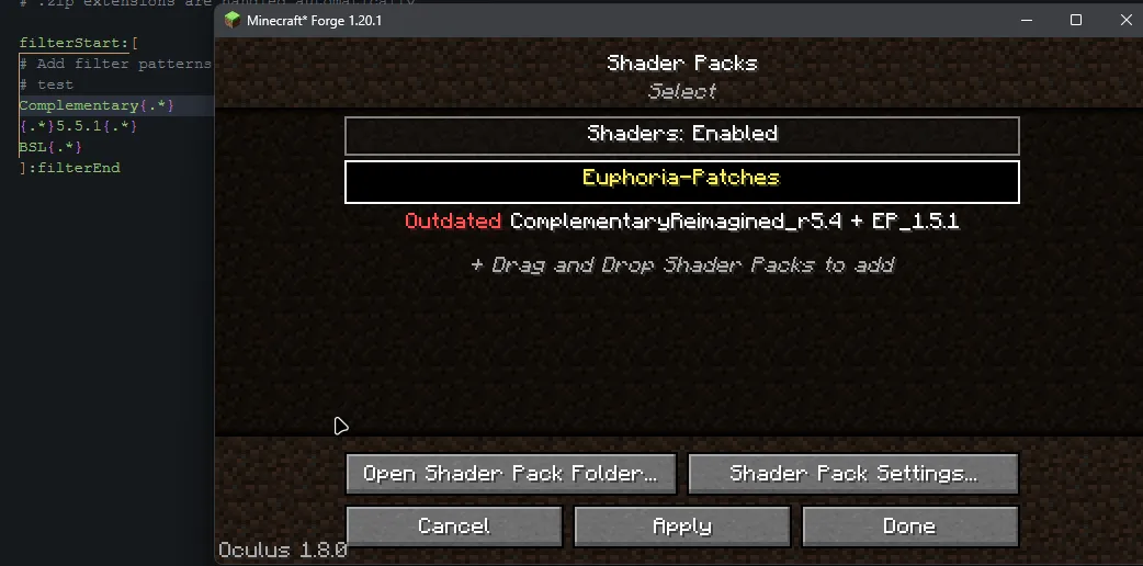 Iris/Oculus Shader Folder, Моды, Minecraft