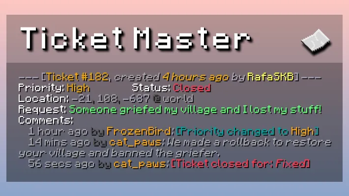 TicketMaster — скриншот 1 (Плагины, Minecraft)