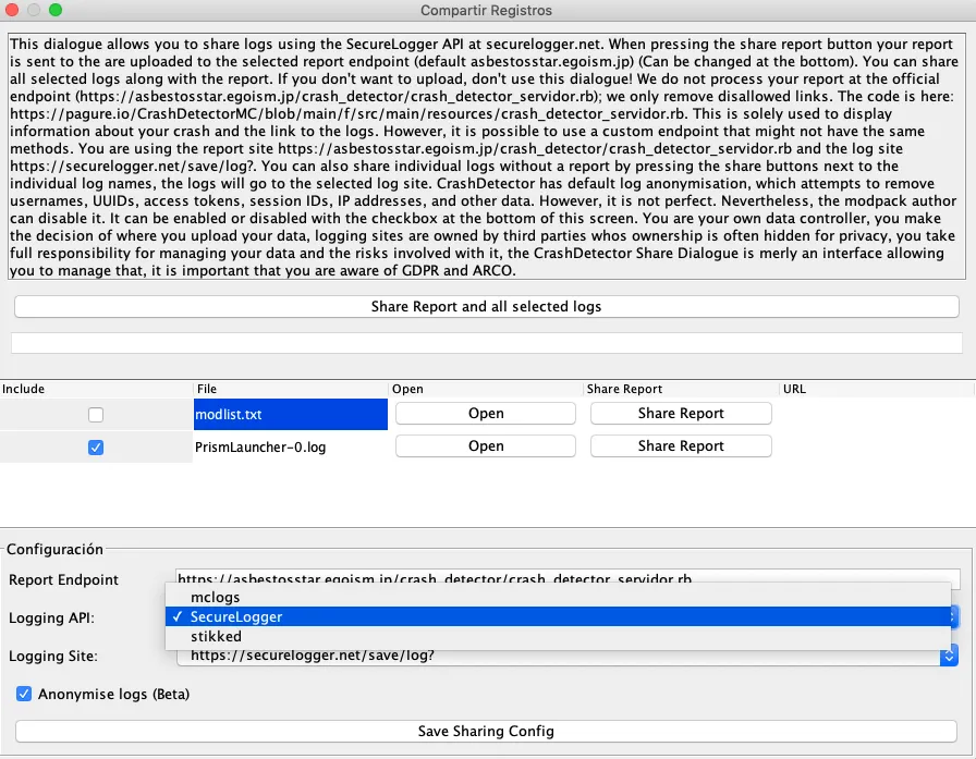 CrashDetector, Моды, Minecraft