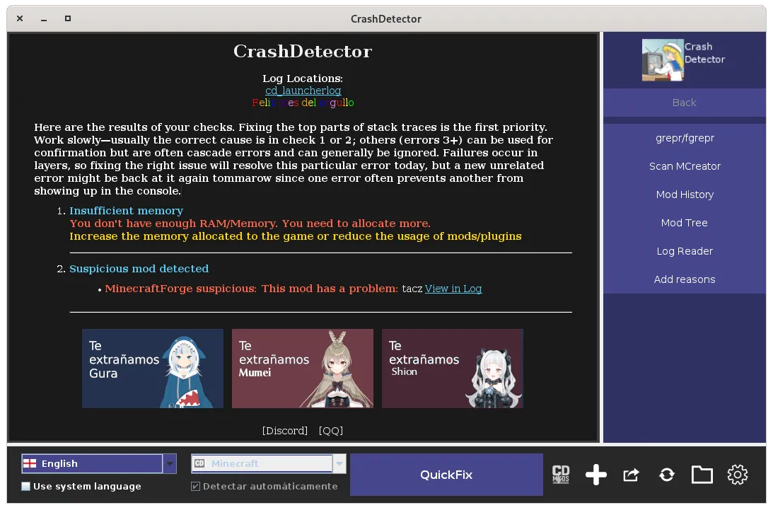 CrashDetector, Моды, Minecraft
