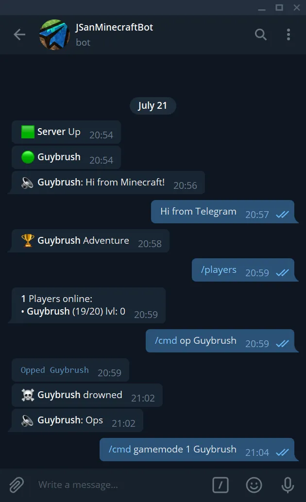 Telegram Control, Моды, Minecraft